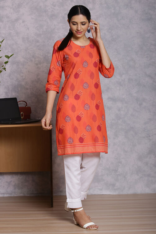 Orange Cotton And Cambric Straight Kurta image number 0