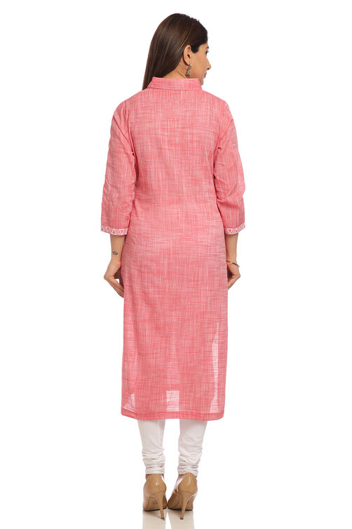 Pink Straight Cotton Kurta image number 4