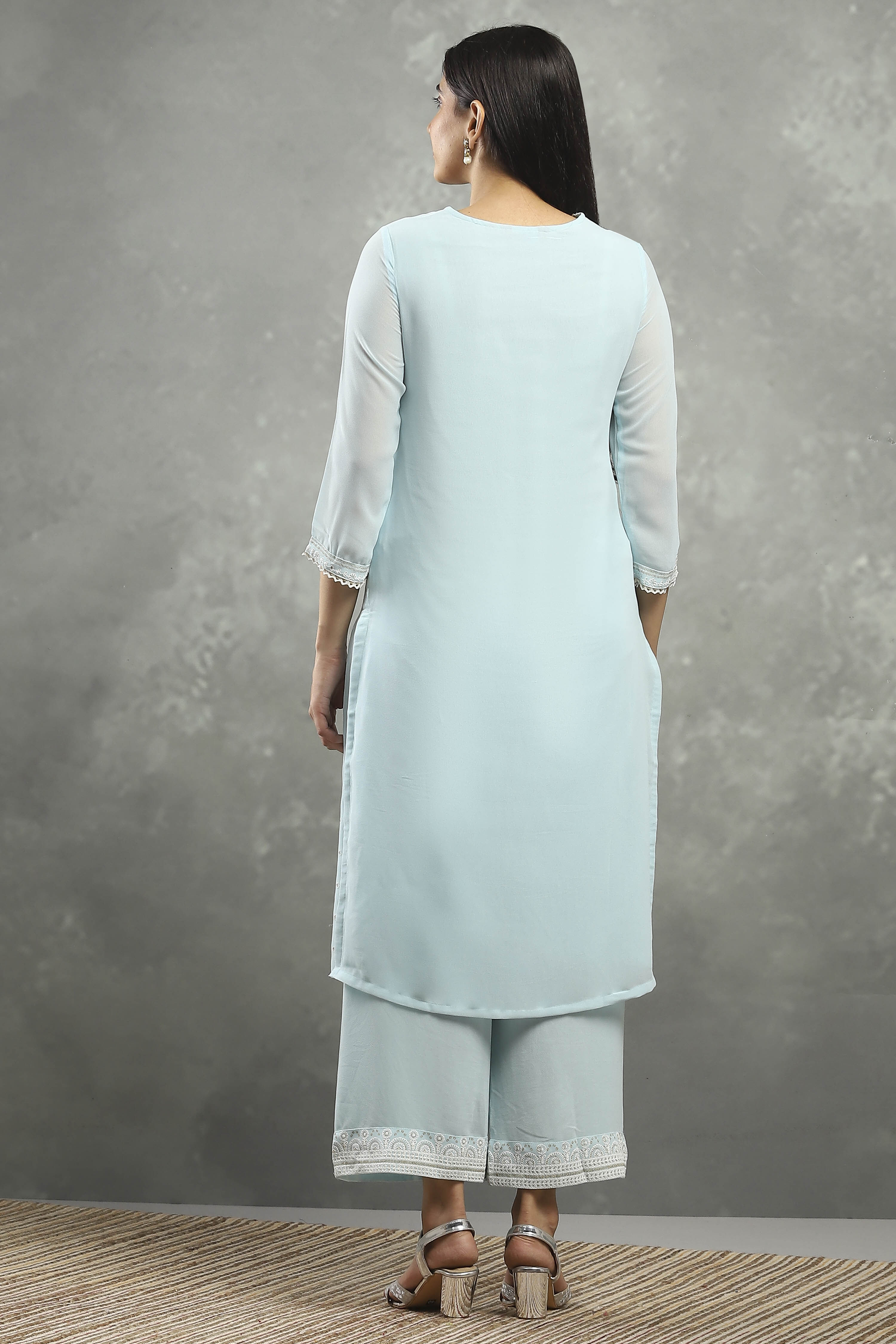 Blue Viscose Straight Kurta Pants Set image number 4