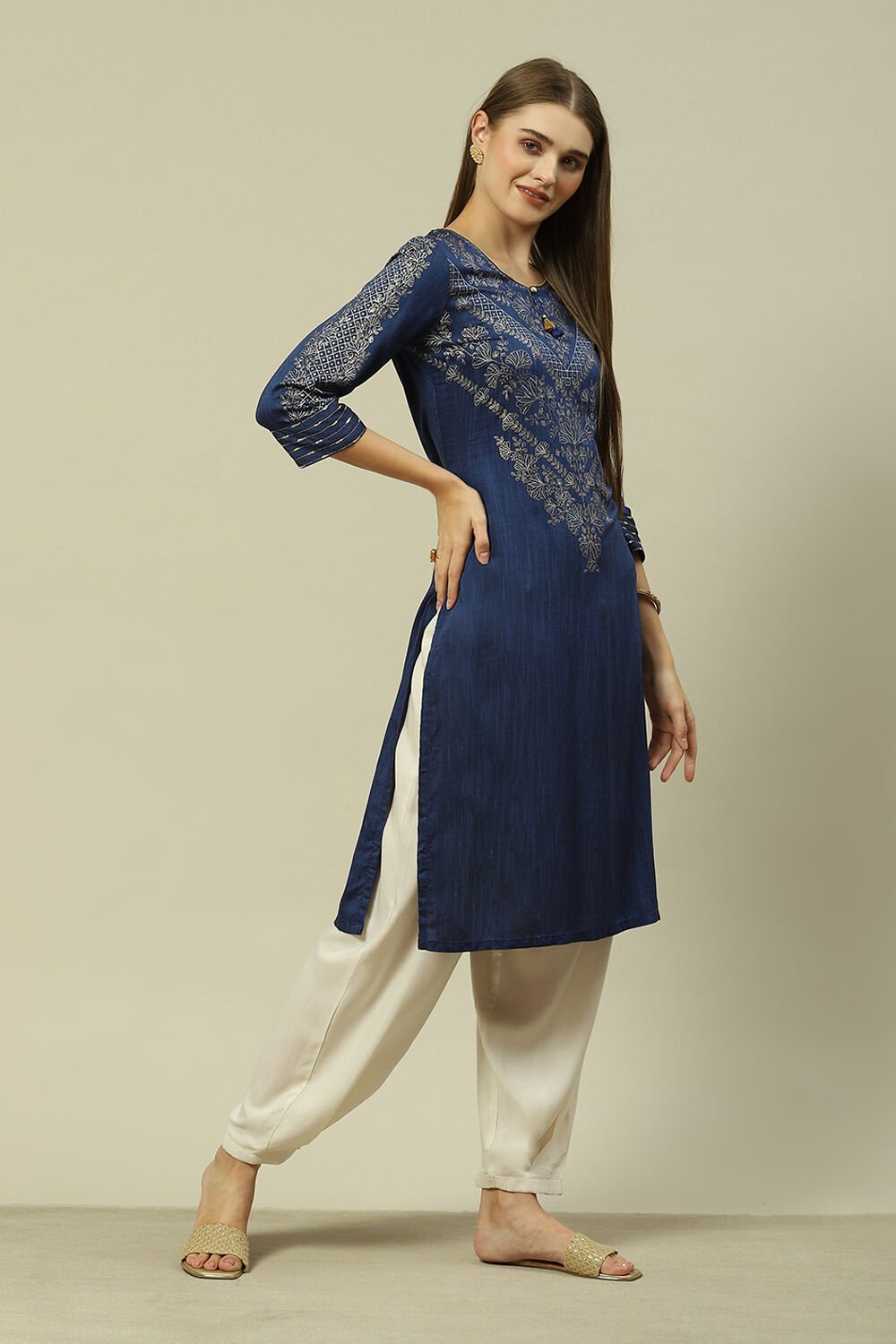 Blue Poly Viscose Straight Printed Kurta image number 4