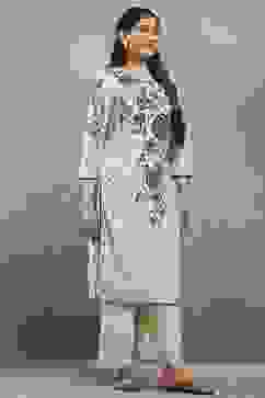 Off White Viscose Straight Kurta Pants Set image number 5