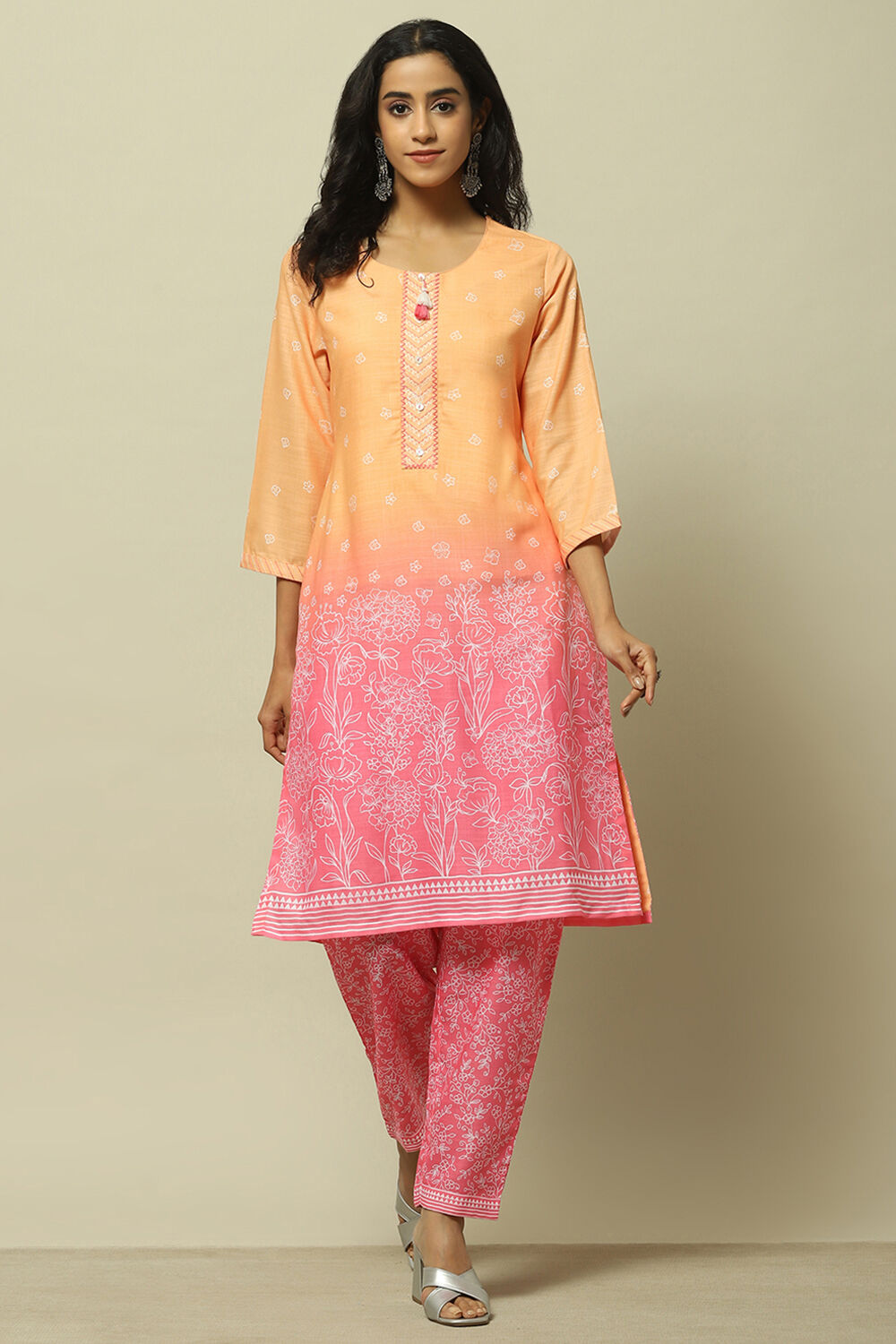 Orange Pink Ombre Printed Straight Kurta Set image number 6