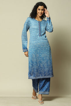 Sky Blue Acrylic Straight Printed Kurta Palazzo Suit Set image number 6