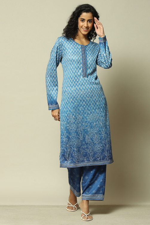 Buy Sky Blue Acrylic Straight Printed Kurta Palazzo Suit Set 2N by