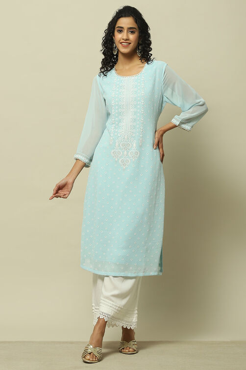 Blue Poly Georgette Embroidered Straight Kurta image number 0