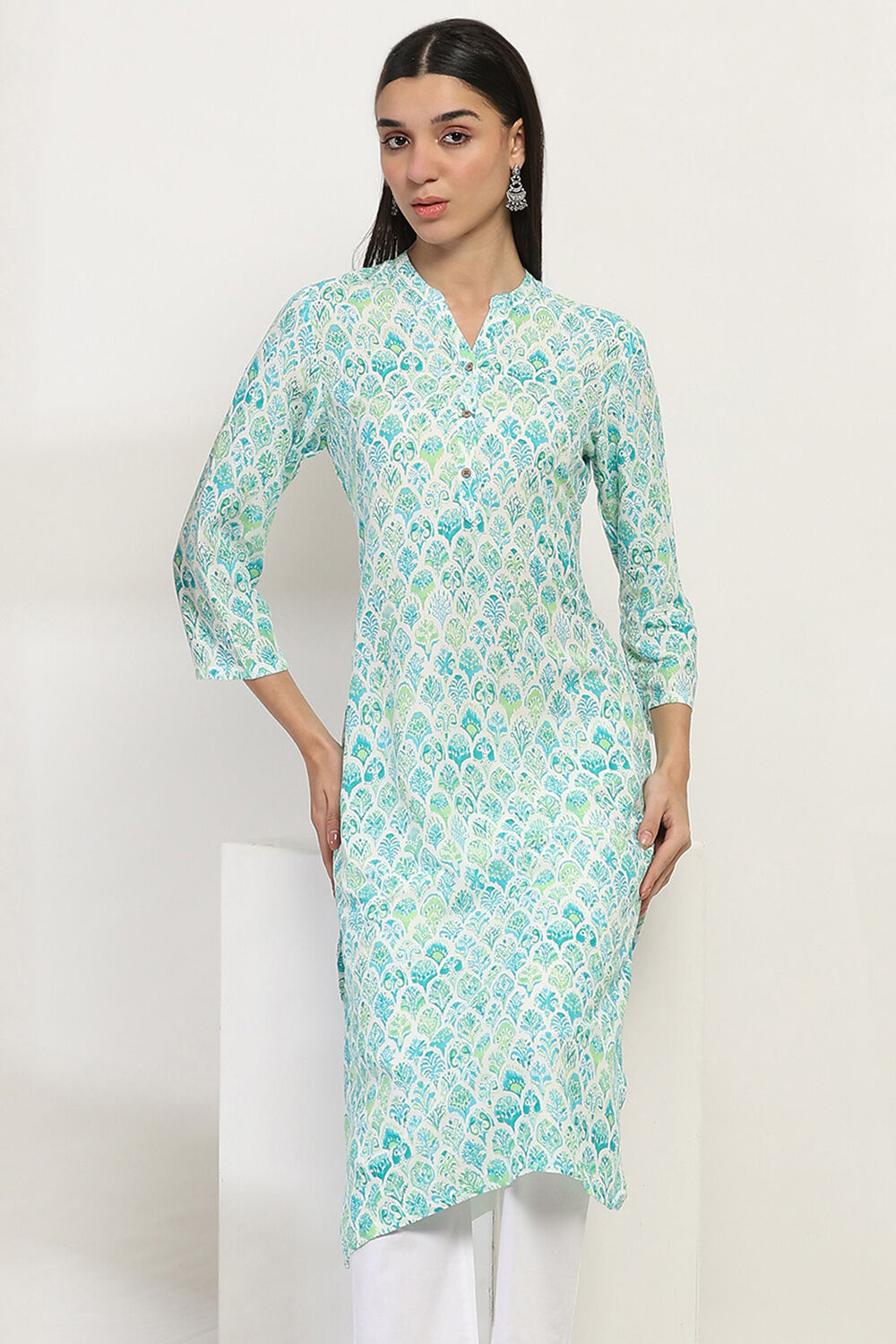 Sea Green Printed Straight Kurta image number 6