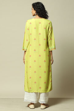 Lime Yellow LIVA Straight Printed Kurta image number 3