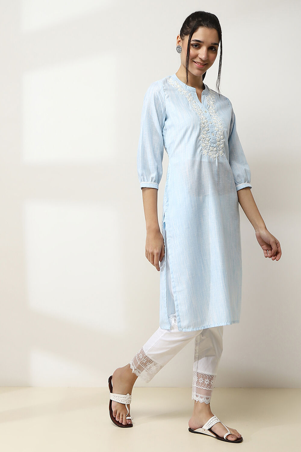 Blue Cotton Yarn-Dyed Straight Kurta image number 4