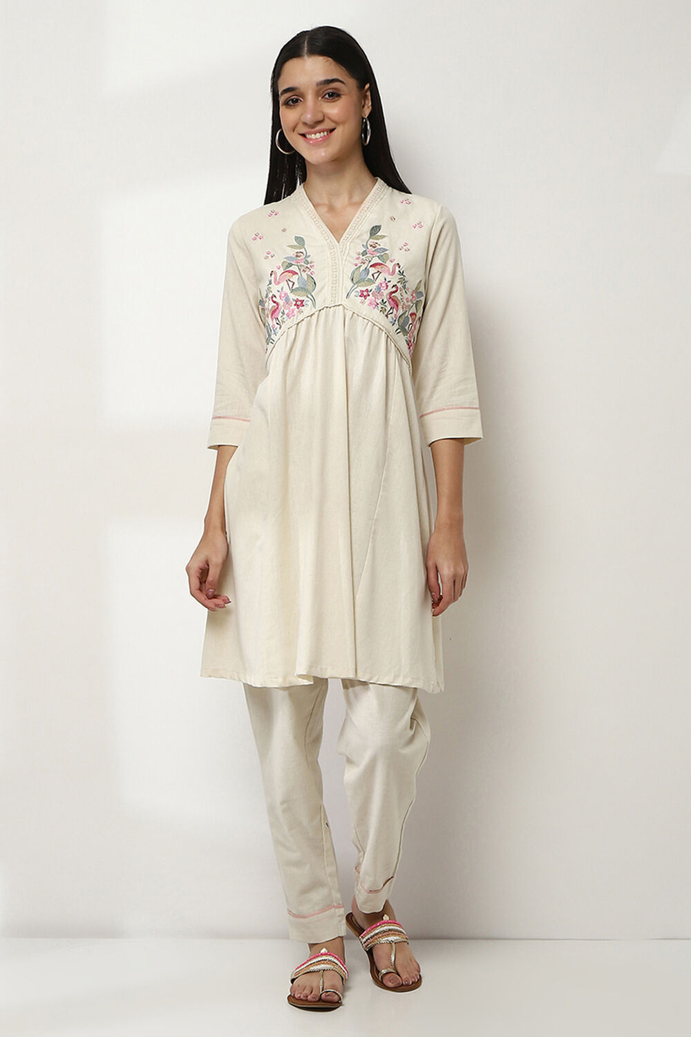 Ivory Cotton Gathered Kurta Set image number 6