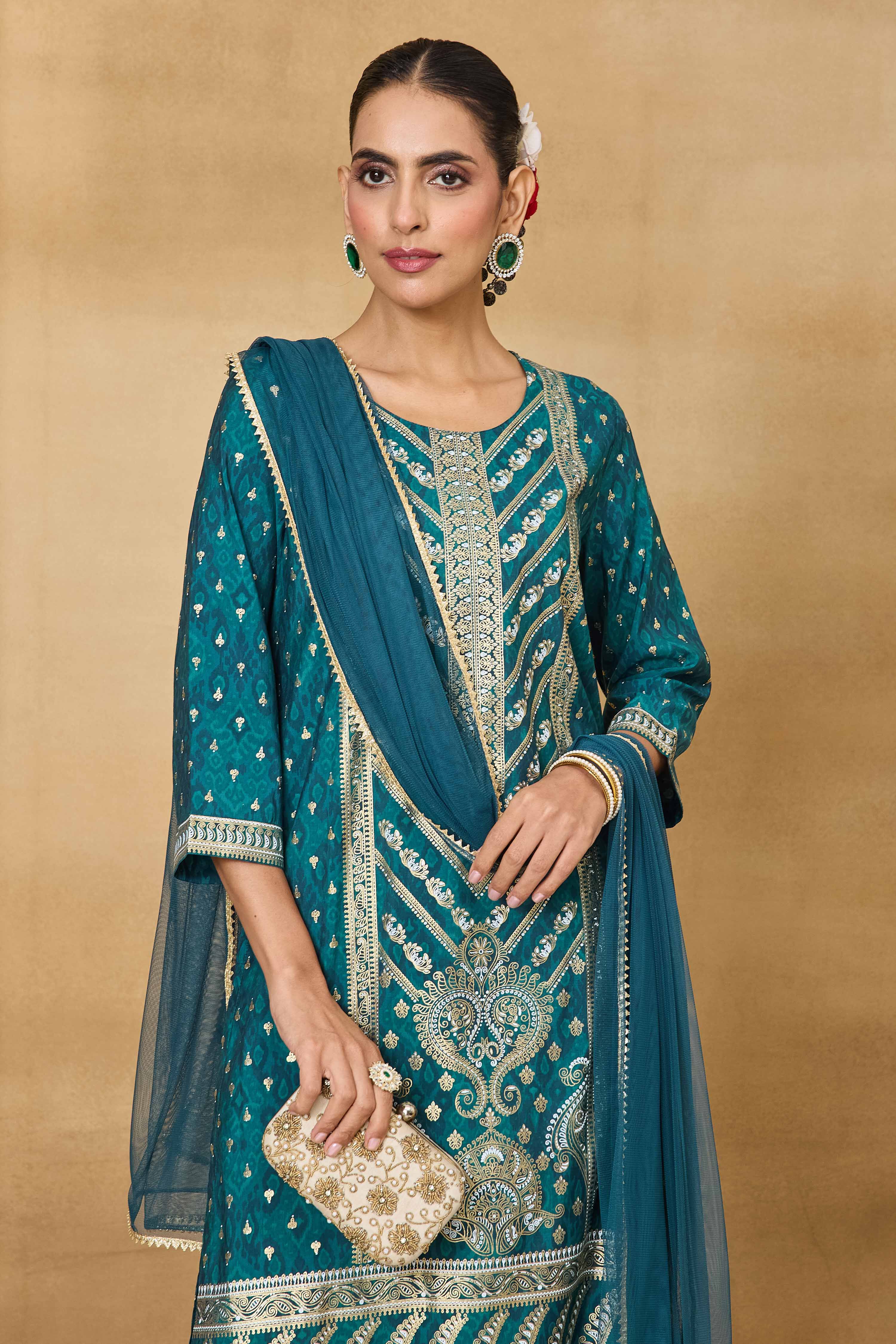 Teal Viscose Blend Straight Printed Suit Set image number 8