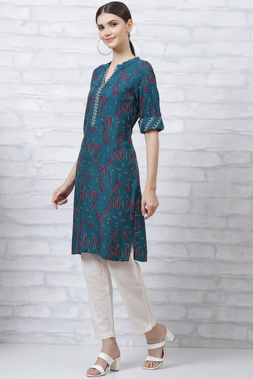 Teal Blue LIVA Straight Kurta image number 2