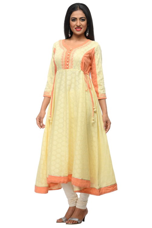 Cream Cotton Flared Kurta image number 0