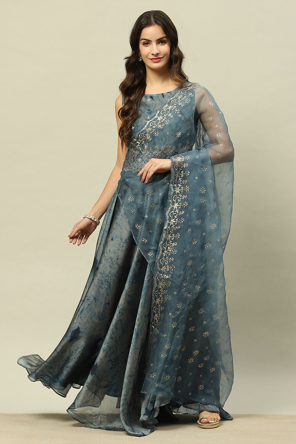 Blue Poly Georgette Straight Printed Crop Top Skirt Set image number 7