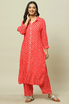 Red LIVA Woven Straight Kurta Suit Set image number 6