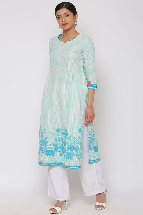 Turquoise Cotton Straight Kurta image number 3