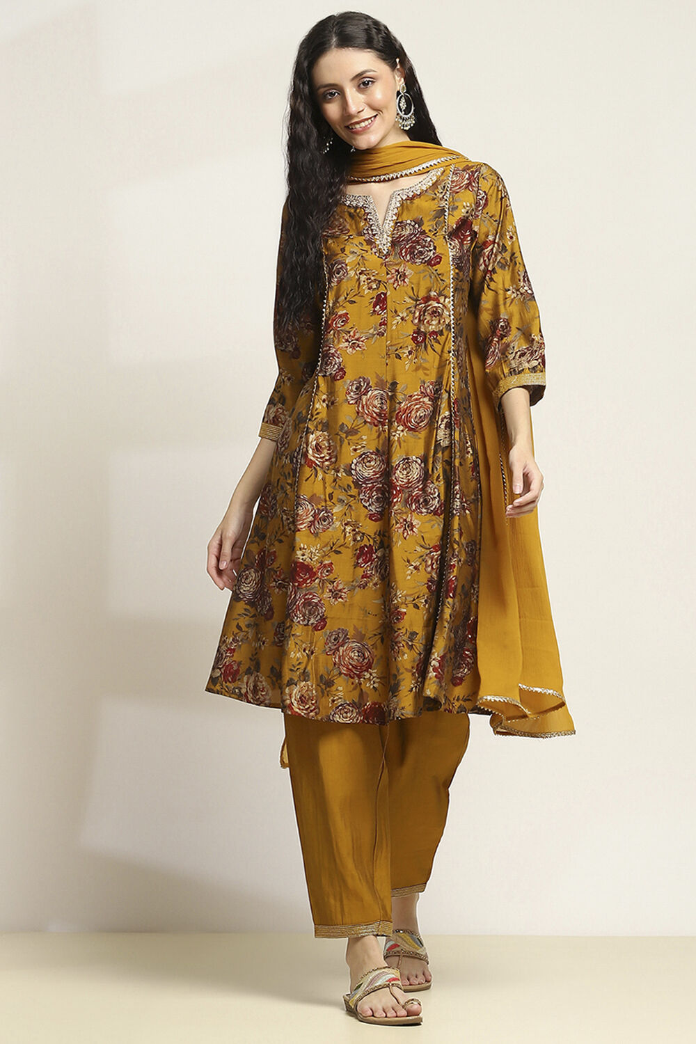 Mustard Viscose Blend Printed Kalidar Suit Set image number 6
