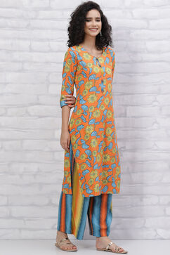 Orange LIVA Kurta Pants Set image number 5