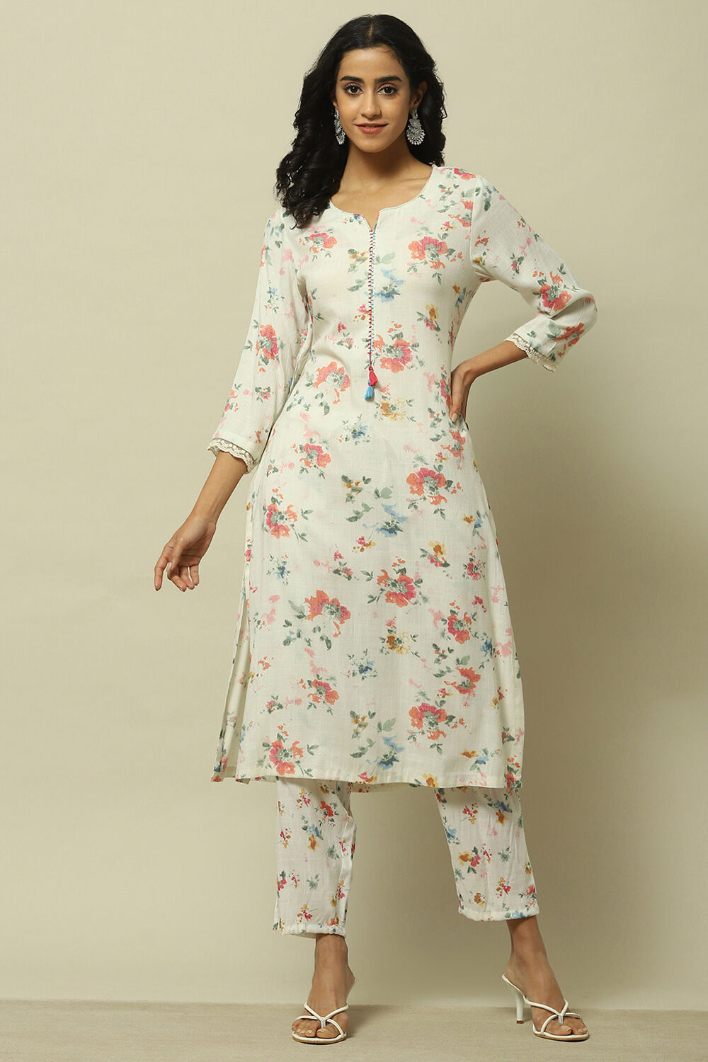 Off-white Viscose Printed Straight Suit Set image number 6
