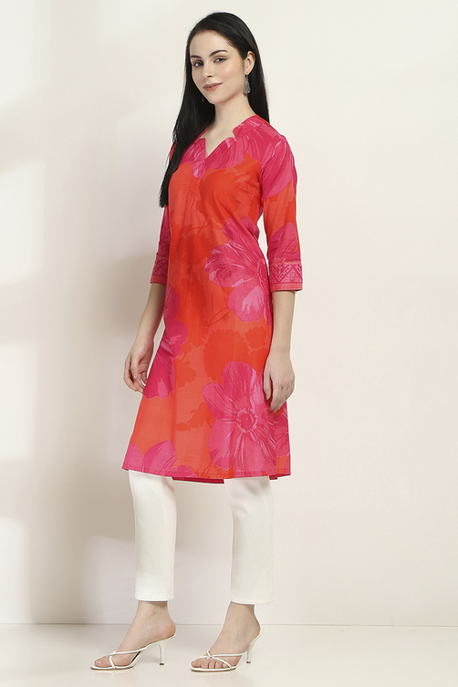 Orange Cotton Floral Straight Kurta image number 2
