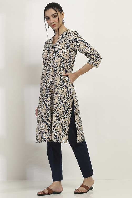 Blue and Beige Cotton Straight Kurta image number 2