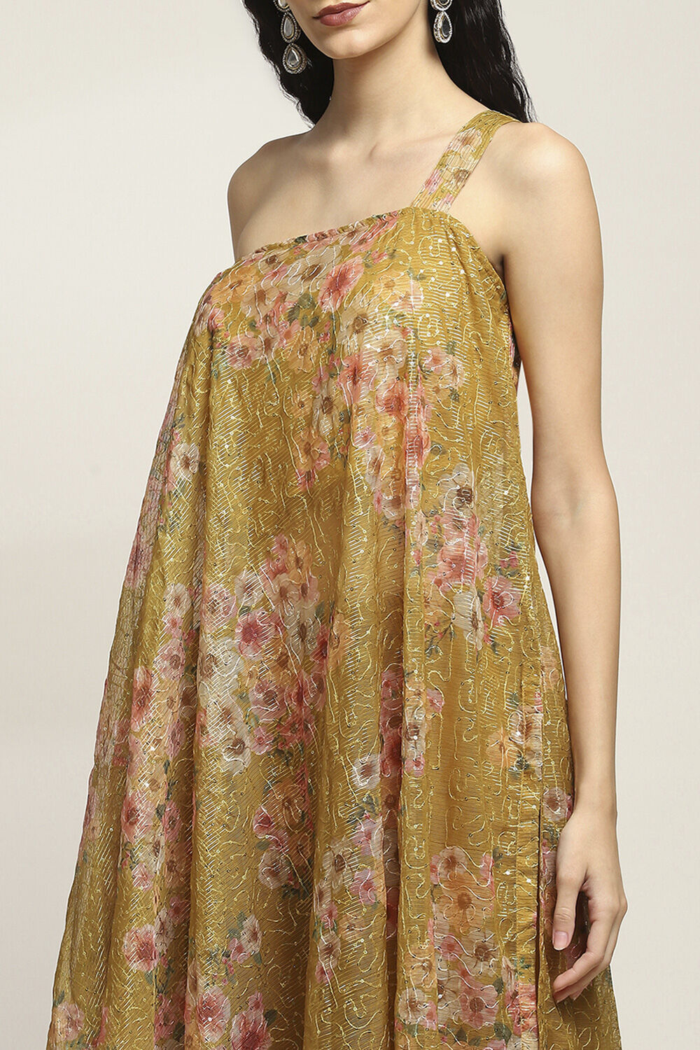 Yellow Poly Georgette Asymmetric Printed Kurta Sharara Suit Set image number 1