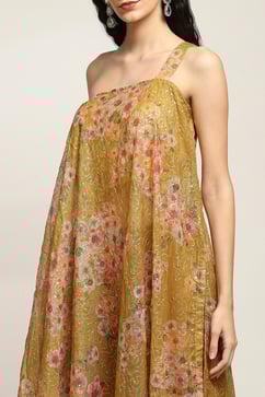 Yellow Poly Georgette Asymmetric Printed Kurta Sharara Suit Set image number 1