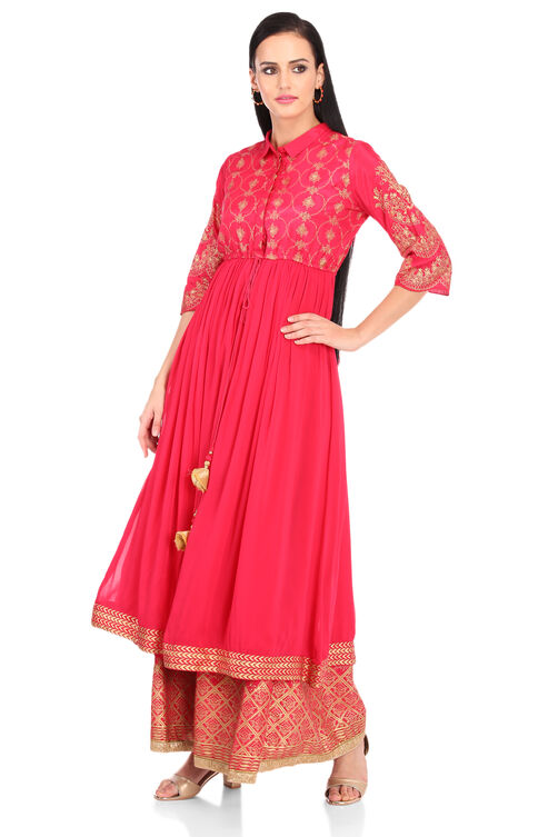 Pink Flared Viscose Kurta image number 3