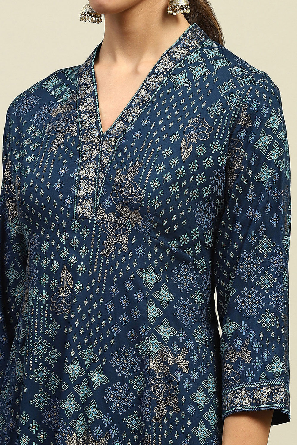 Teal Printed A-line Kurta image number 1