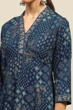 Blue Rayon Printed A-line Kurta image number 1