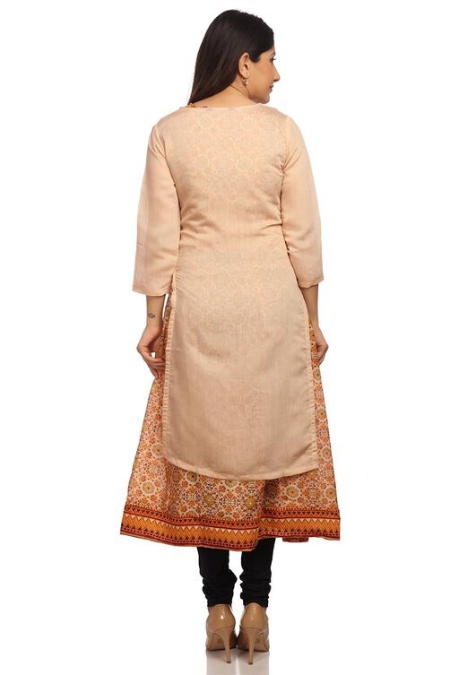 Beige Flared Poly Chanderi Kurta image number 4