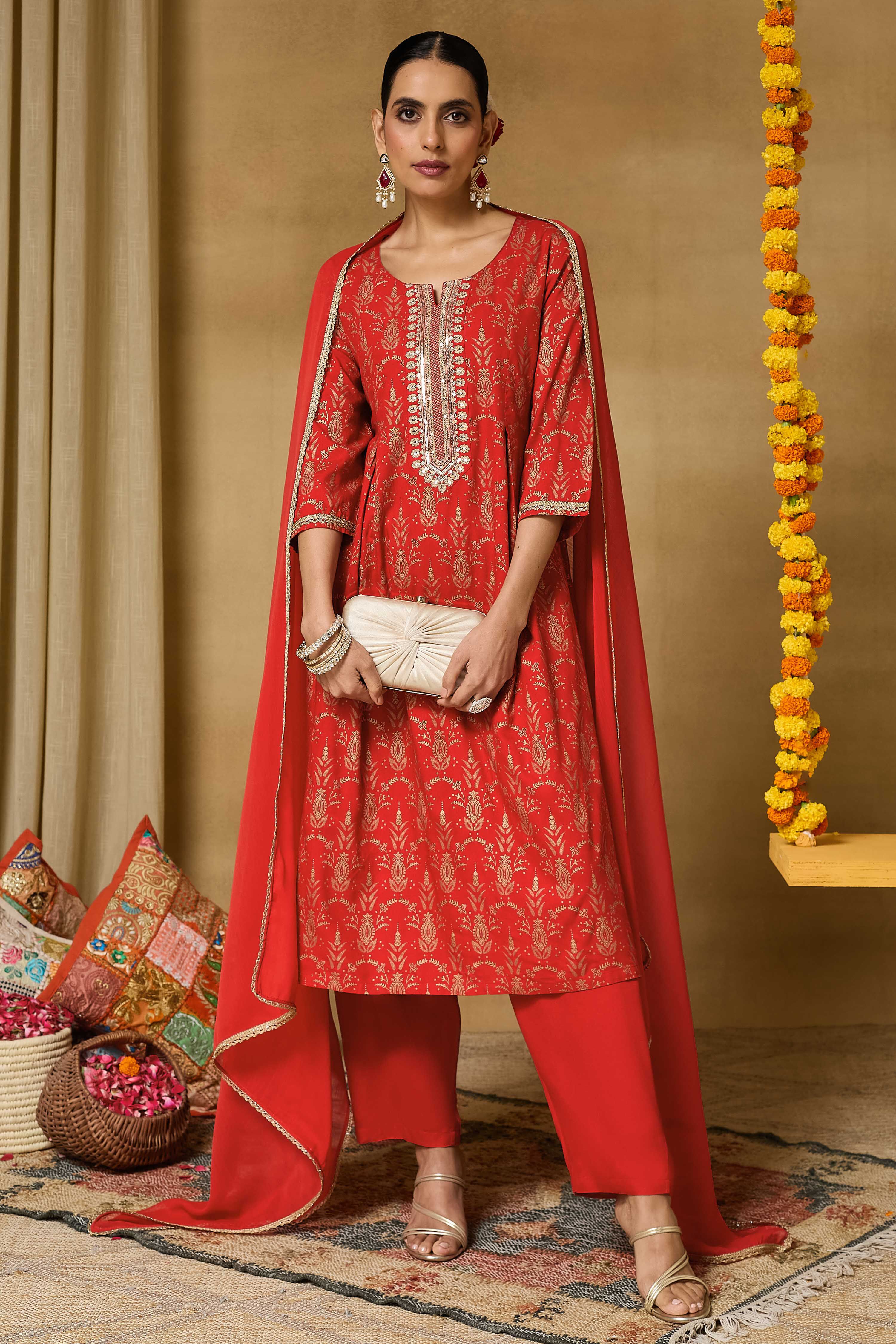 Red Viscose Rayon Straight Printed Suit Set image number 9