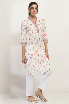Off-White Cotton Floral Straight Kurta image number 4
