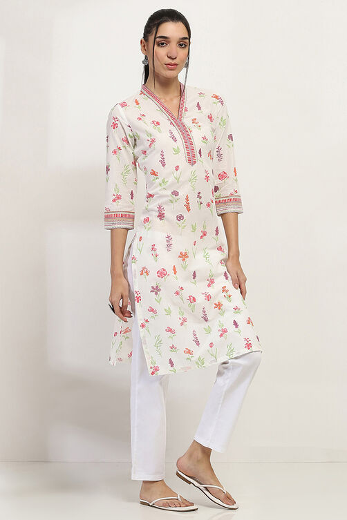 Off White Cotton Straight Kurta image number 4