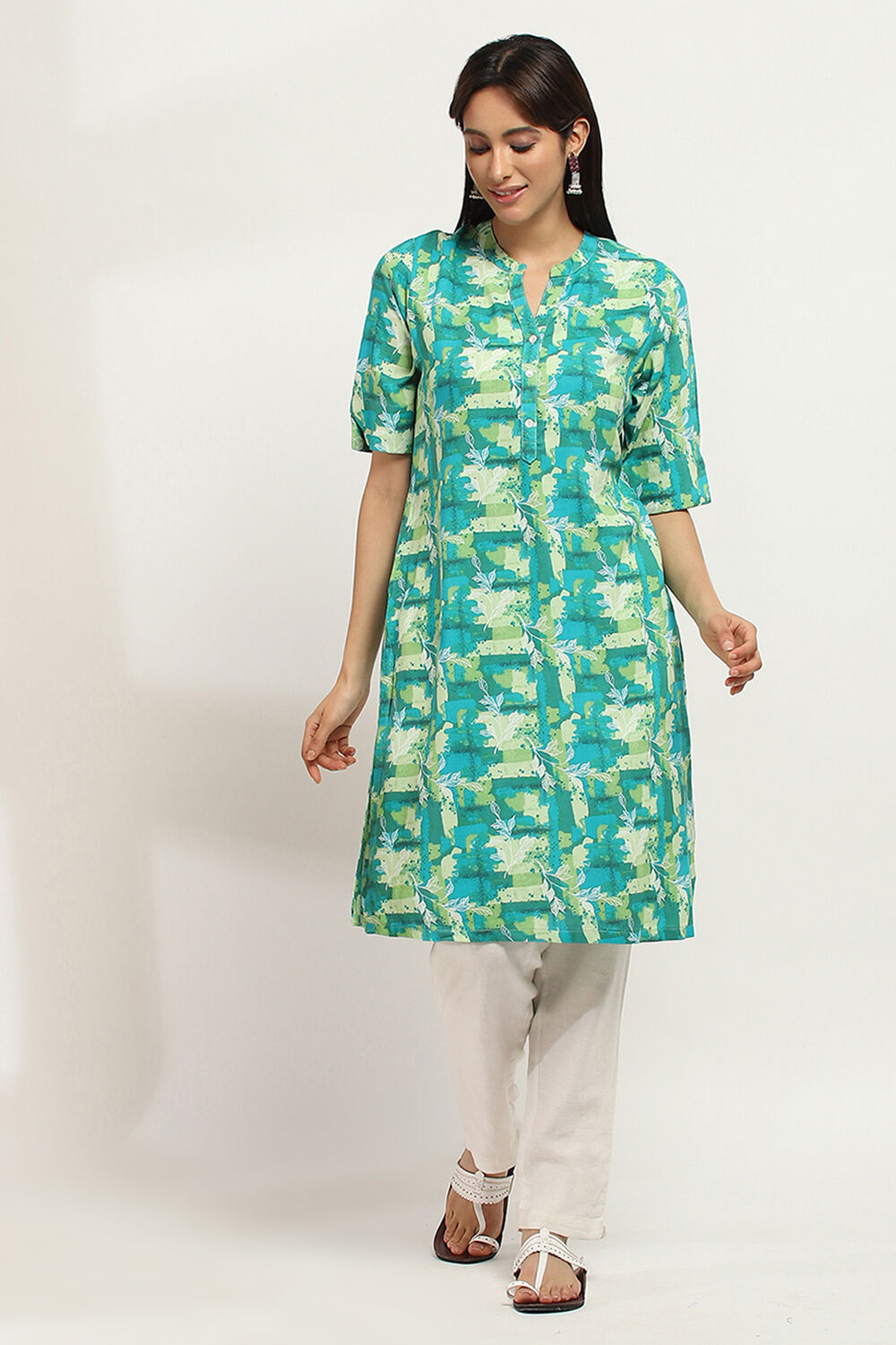 Teal Printed Straight Kurta image number 0