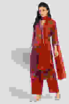 Maroon Cotton Blend Floral Straight Suit Set image number 0