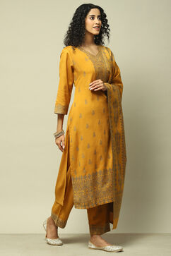 Mustard Poly Viscose Straight Yarndyed Kurta Palazzo Suit Set image number 6