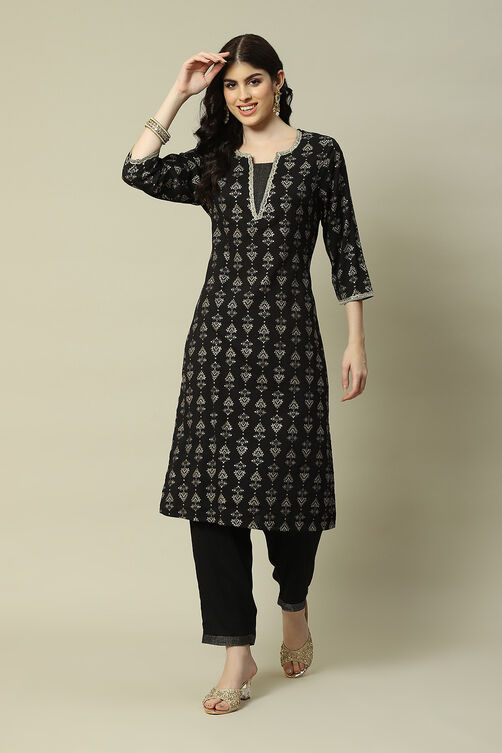 Black Cotton Blend Straight Printed Kurta Palazzo Suit Set image number 6