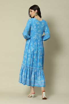 Aqua Blue LIVA Tiered Printed Dress image number 4