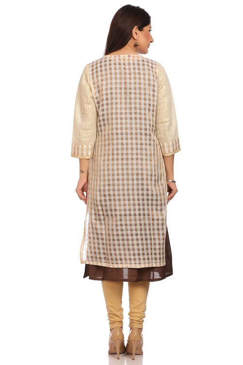 Beige Straight Cotton Kurta image number 3