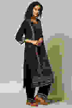 Black Poly Viscose Straight Yarndyed Kurta Palazzo Suit Set image number 6