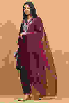 Wine Polyester Blend Embroidered A-Line Suit Set image number 3