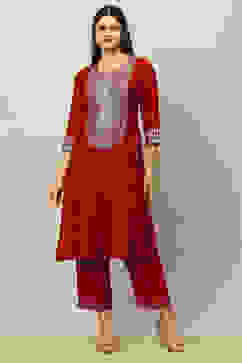 Red Viscose Blend Printed Straight Kurta image number 5