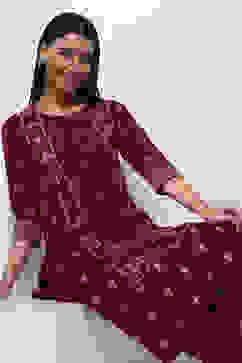 Maroon Cotton Printed Straight Kurta image number 6