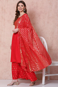 Red Flared Printed Suit Set image number 7