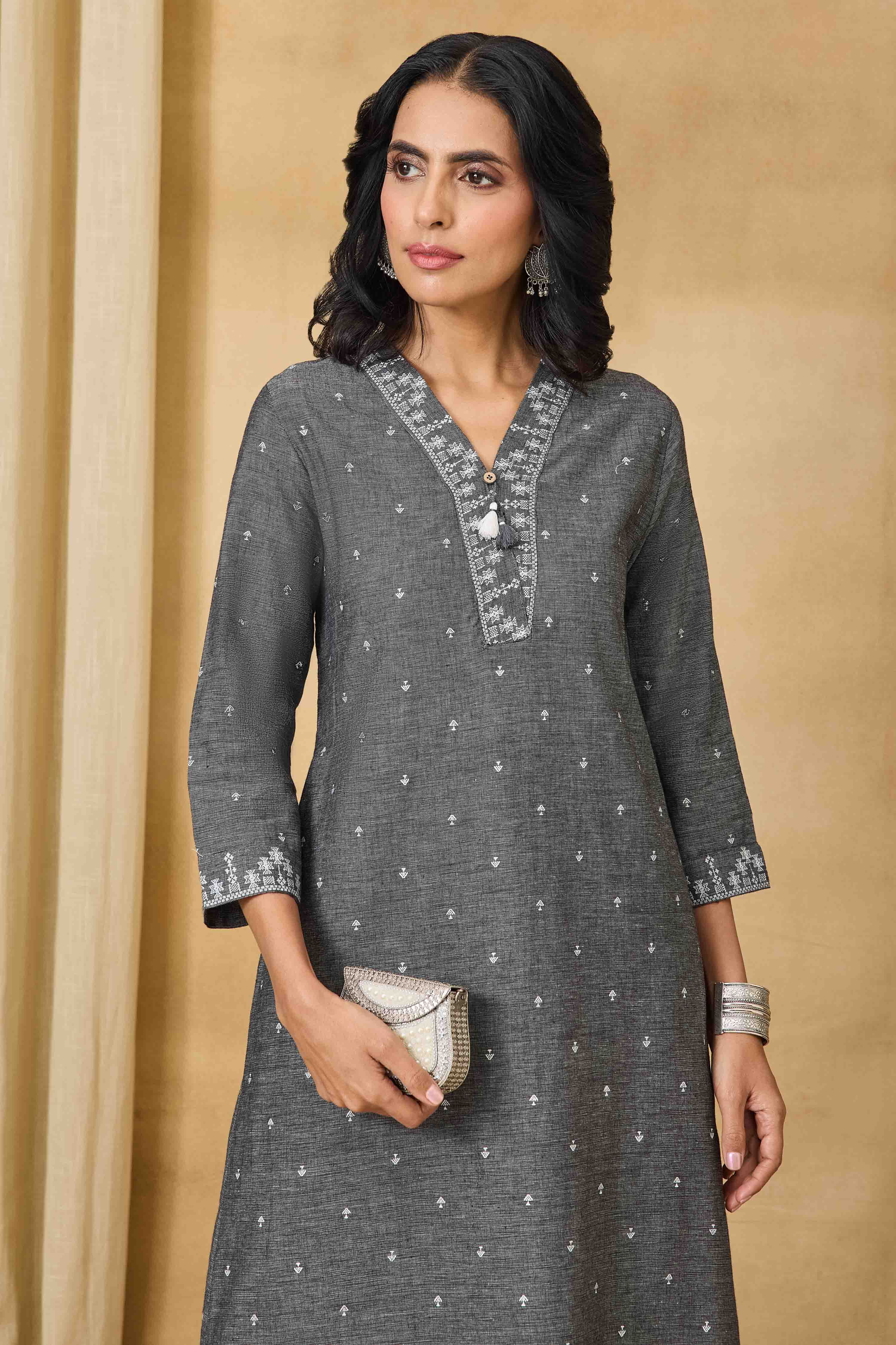 Grey Cotton Straight Printed Kurta image number 7