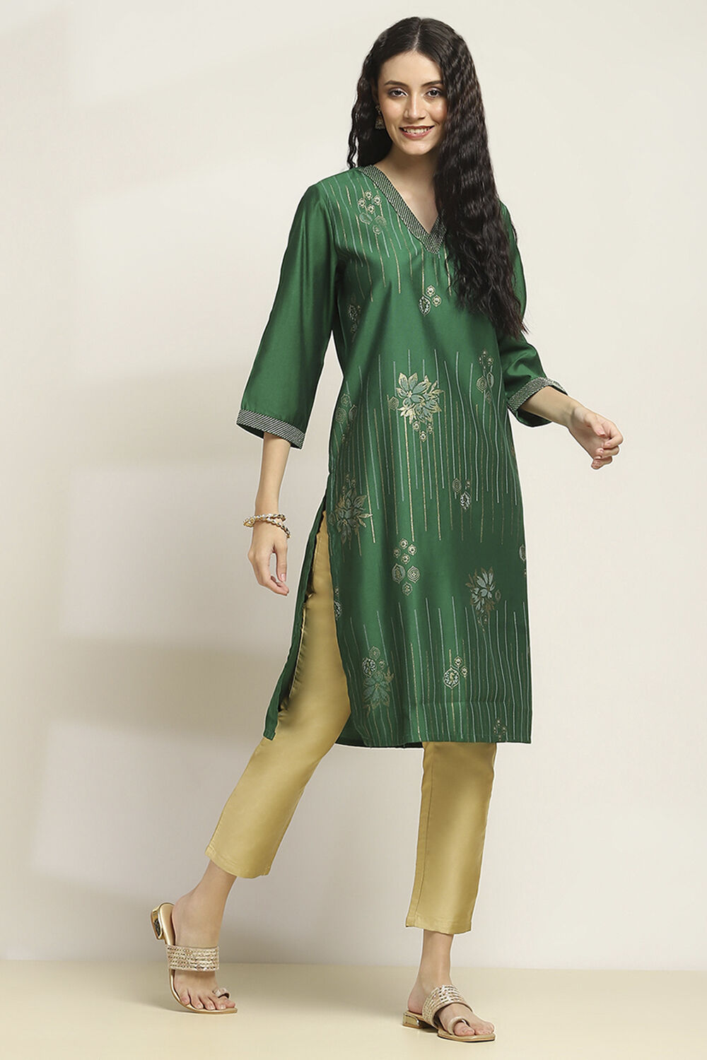 Green Printed Straight Kurta image number 4