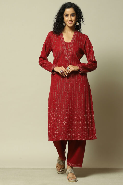 Maroon Cotton Blend Straight Printed Kurta Palazzo Suit Set image number 6