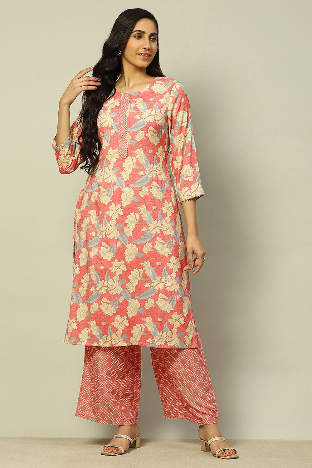 Coral Floral Printed Straight Kurta Palazzo Set image number 6