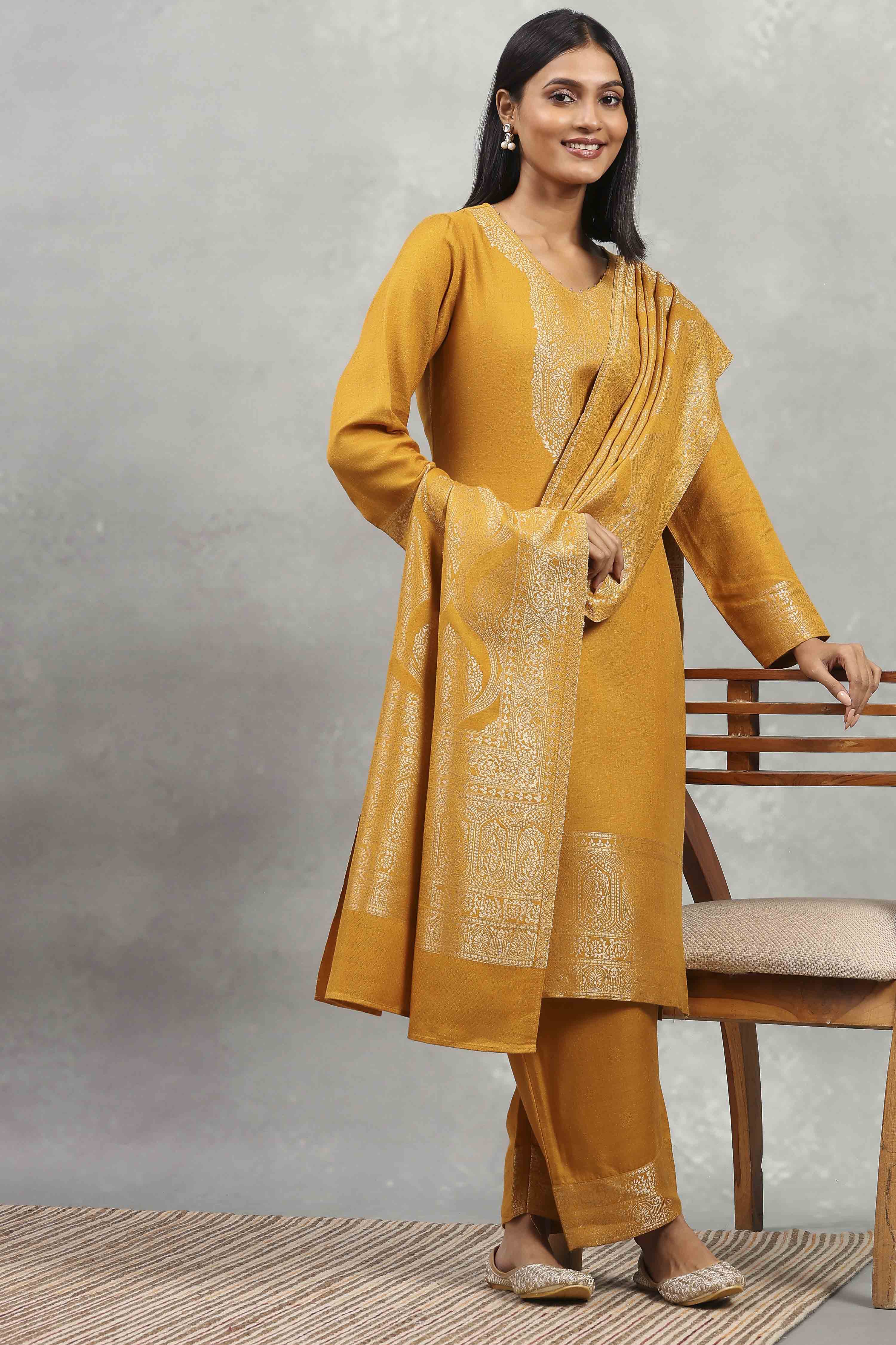 Yellow Polyester Yarndyed Straight Suit Set image number 0