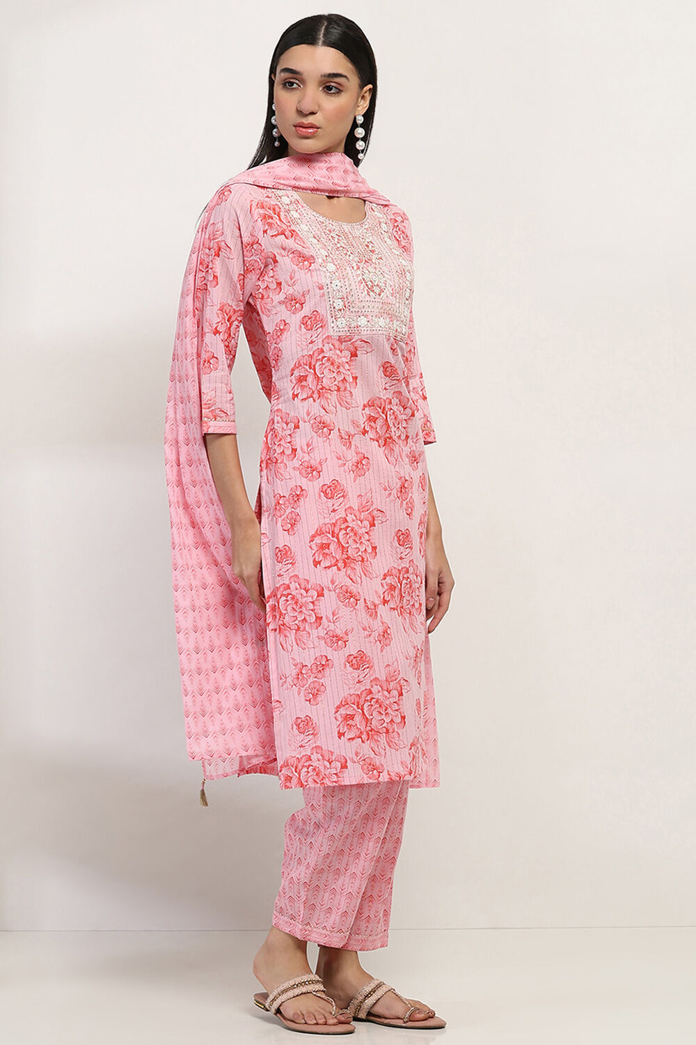 Pink Cotton Printed Straight Suit Set image number 5